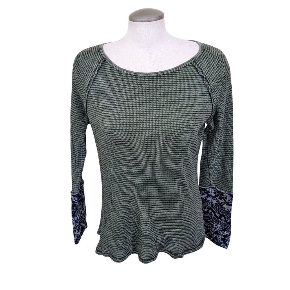 Able Womens Thermal Top Boho Chic Long Sleeve Knit Contrast Cuff XL Green Floral
